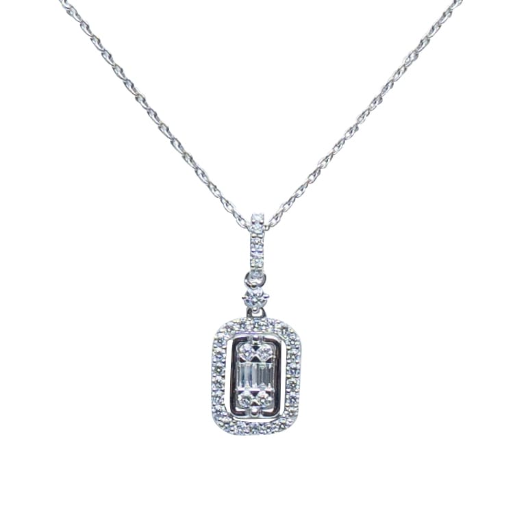 18K White Gold Delicate Rectangle Pendant with Baguette & Round Diamonds