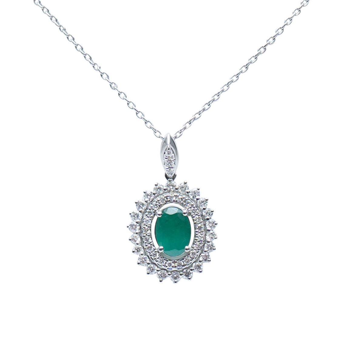 Green Emerald halo diamond pendant