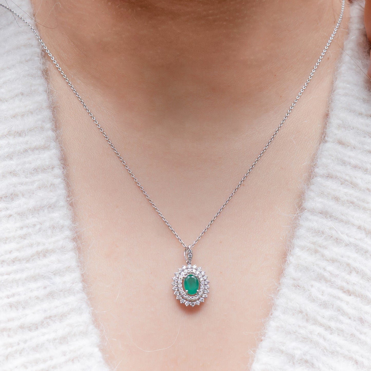 Green Emerald halo diamond pendant