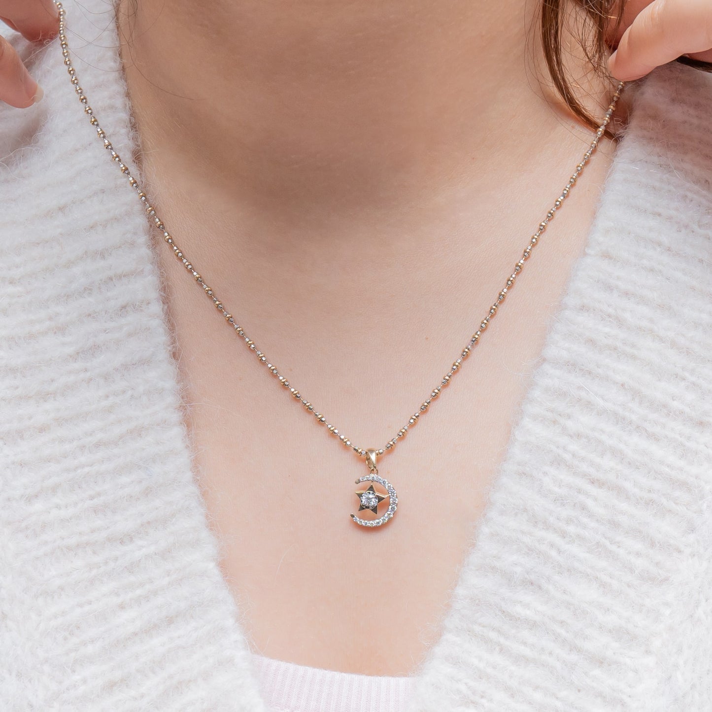 14K Yellow Gold Star & Moon Diamond Pendant