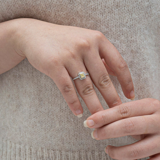 Yellow diamond Radiant Cut halo ring
