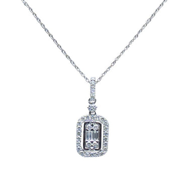 18K White Gold Delicate Rectangle Pendant with Baguette & Round Diamonds