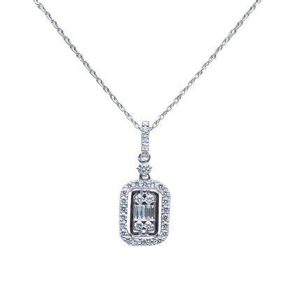 18K White Gold Delicate Rectangle Pendant with Baguette & Round Diamonds