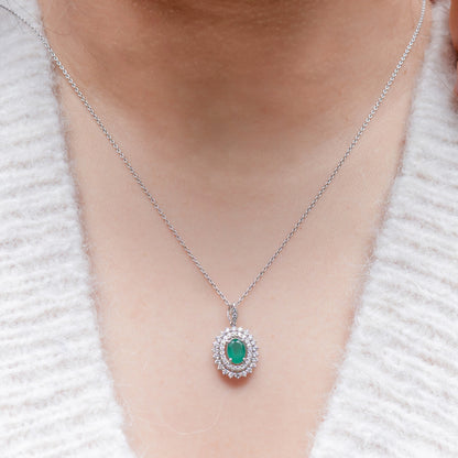 Green Emerald halo diamond pendant
